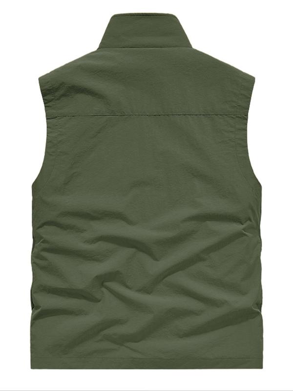 Men's Solid Zip Up Pocket Sports Vest Jacket, Regular Fit Casual Stand Collar Sleeveless Outerwear for Outdoor Activities, Men's Sportswear Clothing for Fall & Winter