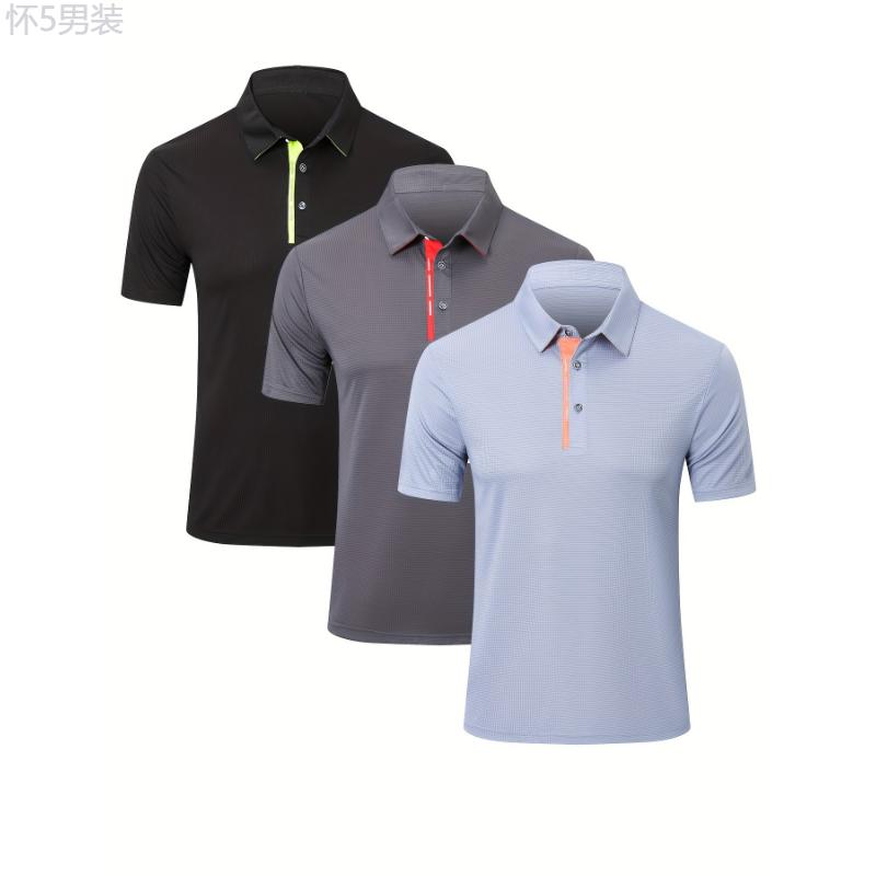 3-Pack Breathable Quick-Dry Performance Polos - Men's Golf Shirts with Color-Block Collar, 3 Buttons, and Moisture-Wicking Fabric for Outdoor Sports and Active Wear Menswear Top Polyester Sleeve Stretch Casual Tropical Knit Shortsleeve Beige Plain