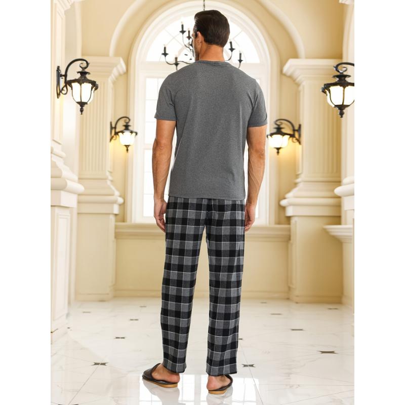 2 Pcs Men's Simple Solid Round Neck Long Sleeve & Plaid Trousers Pajama Set, Comfortable & Skin-friendly Style Pajamas For Men's Cozy Loungewear