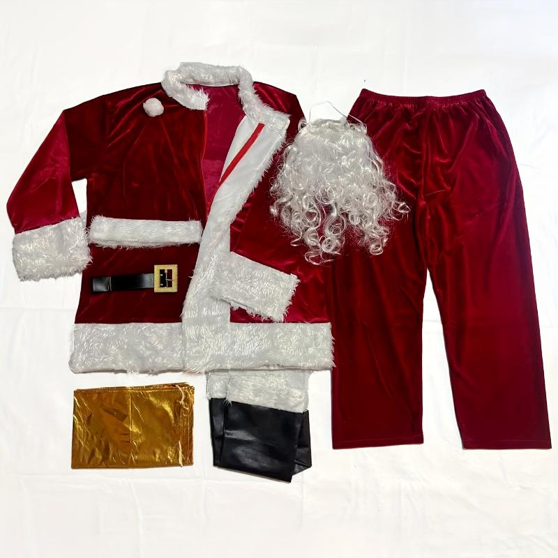 7pcs 10pcs Set Christmas Decoration Luxury Wine Red Velvet Santa Claus Costume (Adult One Size Fits All), Classic Men's Santa Claus Suit, Christmas Costume Christmas Ornaments Gift Holiday Party Role Playing Costume Suitable for Holiday Par