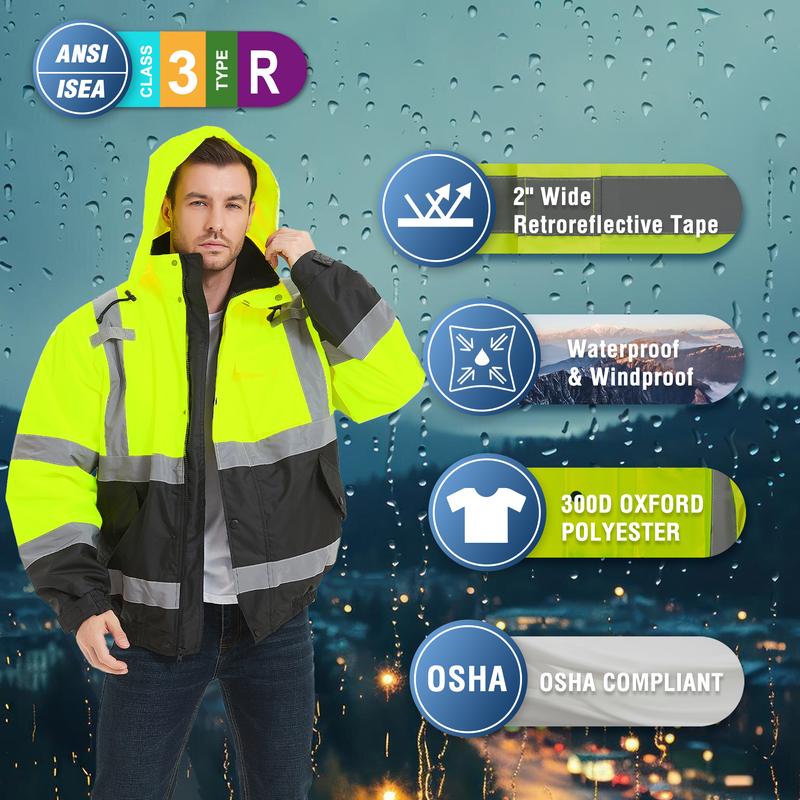 ProtectX High Visibility Waterproof Safety Jacket, Hi Vis Reflective Winter Construction Bomber Jacket for Men With Multi Pockets Menswear Clothing Workwear