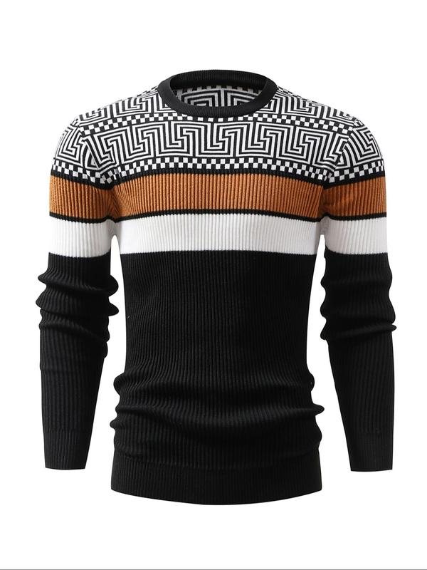 Men's Colorblock Striped Print Round Neck Sweater Pullover, Regular Fit Casual Long Sleeve Crew Neck Jumper for Fall & Winter, Fashion Men's Knitwear for Daily Wear