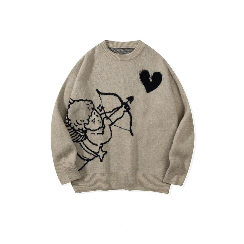 Men's Loose Angel Pattern Knitted Pullover, Long Sleeve Crew Neck Sweater, Suitable for Autumn and Winter Knitwear Menswear