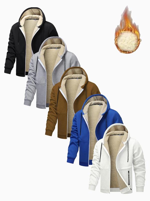 Men's Solid Zip Up Fleece Jacket, Regular Fit Casual Long Sleeve Drawstring Pocket Hooded Jacket for Fall & Winter, Men's Outerwear for Daily Wear