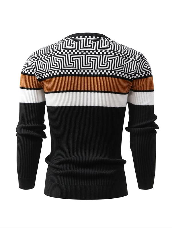 Men's Colorblock Striped Print Round Neck Sweater Pullover, Regular Fit Casual Long Sleeve Crew Neck Jumper for Fall & Winter, Fashion Men's Knitwear for Daily Wear