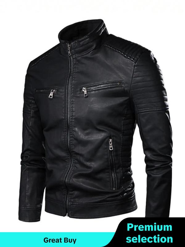 Men's Regular Fit Solid Pocket Zipper PU Faux Leather Jacket, Casual Long Sleeve Stand Collar Outerwear for Fall & Winter, Men's Clothes for Daily Wear Winter Jacket