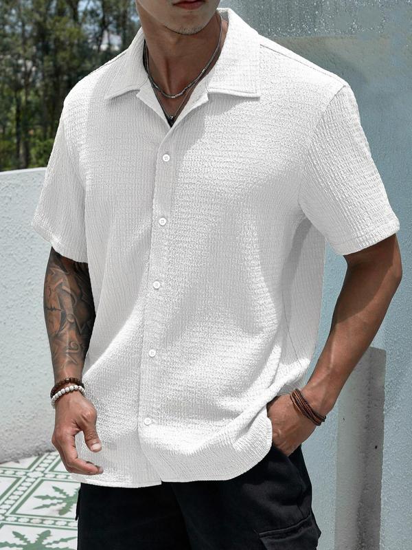 Men's Solid Color Button Front Shirt, Loose Casual Streetwear Short Sleeve Collar Shirt for Summer, Summer Outfits, Men's Shirts Clothing for Daily Wear