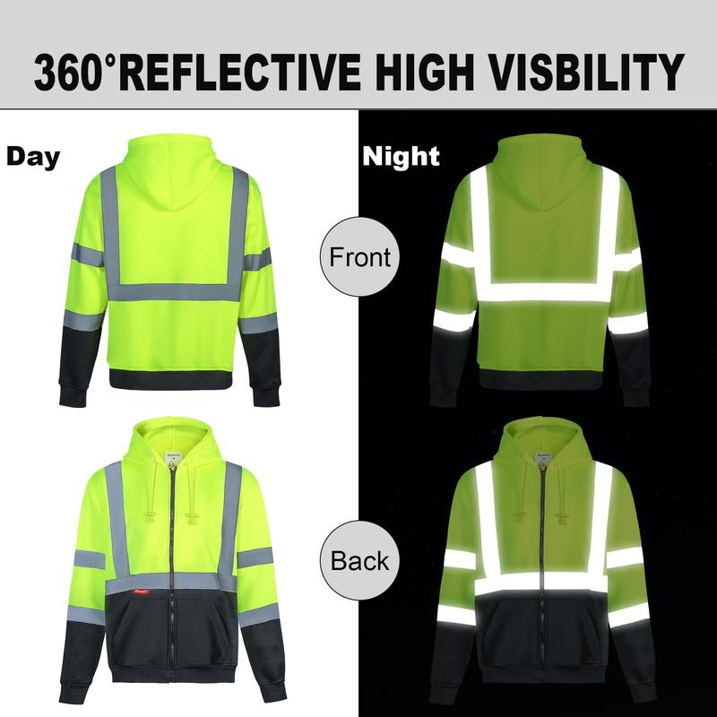 ProtectX Hi Vis Safety Hoodie for Men, Class 3 Reflective High Visibility Sweatshirt with Large Pocket, Long Sleeve Hooded Drawstring Pullover for Work & Construction