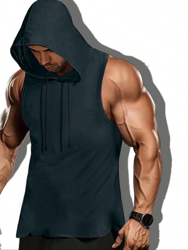 Men's Solid Drawstring Hooded Tank Top, Casual Streetwear Regular Fit Sleeveless Top for Summer, Fashion Men's Clothes for Daily Wear, Tank Tops for Men, Summer Outfits Gym Clothing