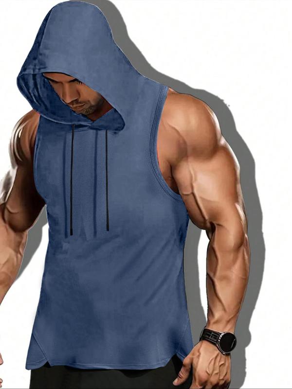 Men's Solid Drawstring Hooded Tank Top, Casual Streetwear Regular Fit Sleeveless Top for Summer, Fashion Men's Clothes for Daily Wear, Tank Tops for Men, Summer Outfits Gym Clothing