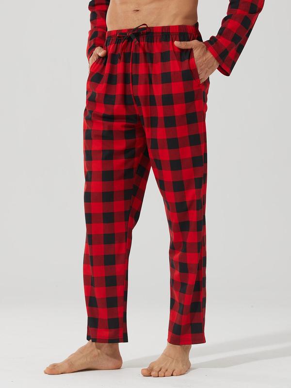 Men's Plaid Print Tie Front Pajama Pants, Casual Comfy Elastic Waist Pocket Lounge Pants, Men Sleepwear for Spring & Fall