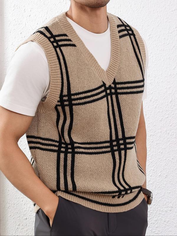 Men's Plaid Print V Neck Sweater Vest, Regular Fit Casual Sleeveless Knitwear for Spring & Fall, Fashion Men's Knit Clothing for Daily Wear