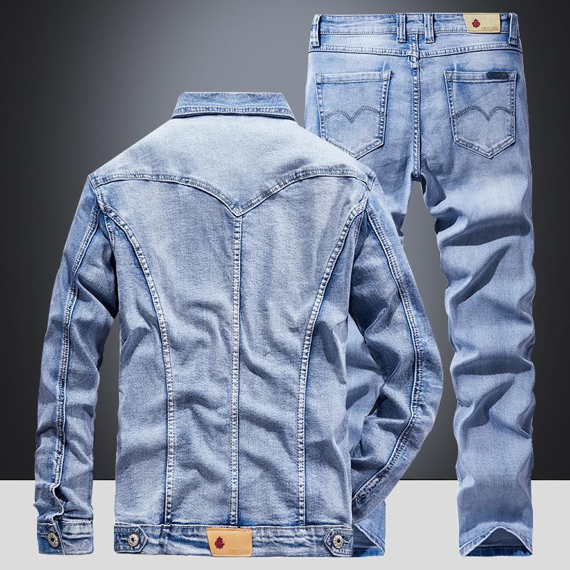 Light Blue Denim Suit Men's Slim-Fit Korean-Style Stretch Two-Piece Spring and Autumn Trends Jacket Jacket Menswear Overalls