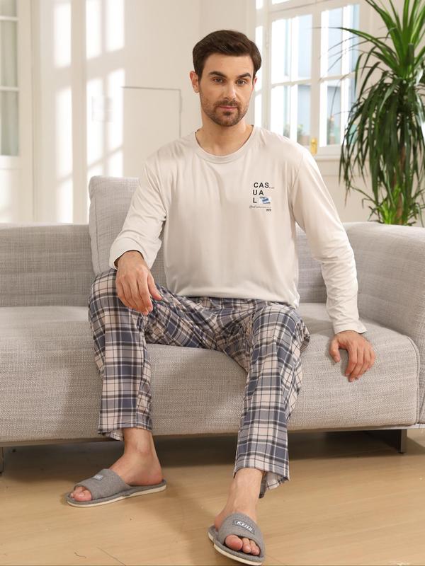 Two-piece Set Men's Letter Print Long Sleeve Tee & Plaid Print Elastic Waist Pants Pyjama, Casual Comfy Round Neck Top & Trousers Pj Set, Men's Sleepwear for Spring & Fall