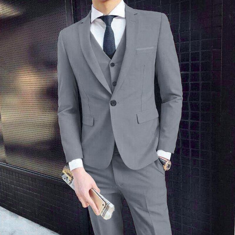 Men Three-piece Suit Elegant Men's Formal Business Suit Set with Slim Fit Coat Pants Vest Classic Groom Wedding Attire in Solid