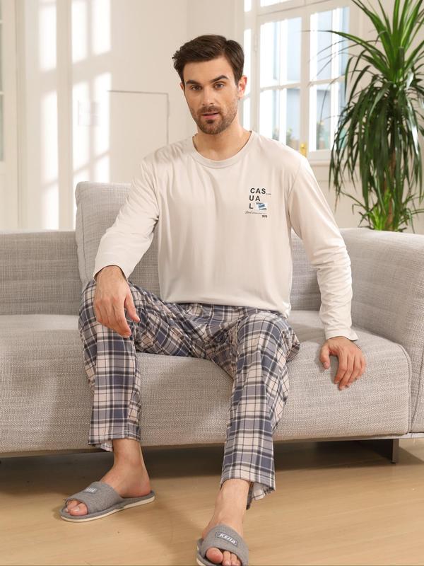 Two-piece Set Men's Letter Print Long Sleeve Tee & Plaid Print Elastic Waist Pants Pyjama, Casual Comfy Round Neck Top & Trousers Pj Set, Men's Sleepwear for Spring & Fall