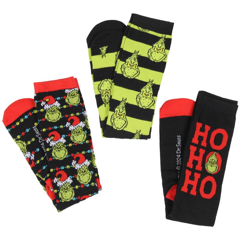 Dr. Seuss How The Grinch Stole Christmas Socks 3-Pack Adult Mid-Calf Crew Socks Storybook Design Gift Box Set