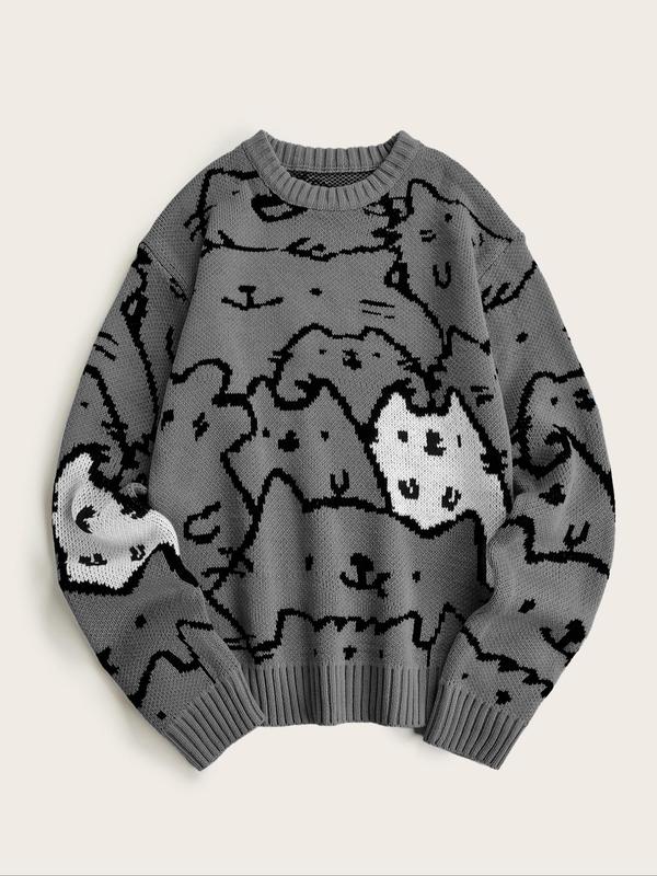 Men's Cartoon Cat Print Drop Shoulder Sweater, Fashion Casual Soft Comfy Regular Fit Long Sleeve Round Neck Jumper For Summer, Men's Knitwear For Daily Wear