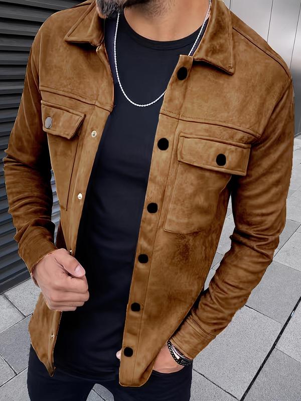 Men's Solid Color Button Front Pocket Suede Jacket, Fall Outfits, Regular Fit Casual Long Sleeve Collared Outerwear for Fall, Fashion Men's Clothes for Daily Wear Starboy Outfits Men Tops