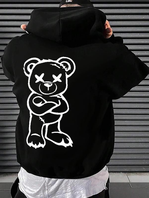 Men's Cartoon Bear Print Drop Shoulder Hoodie, Fashion Casual Loose Drawstring Pocket Hooded Sweatshirt for Daily Holiday Outdoor Wear, Men Clothes for Spring & Fall