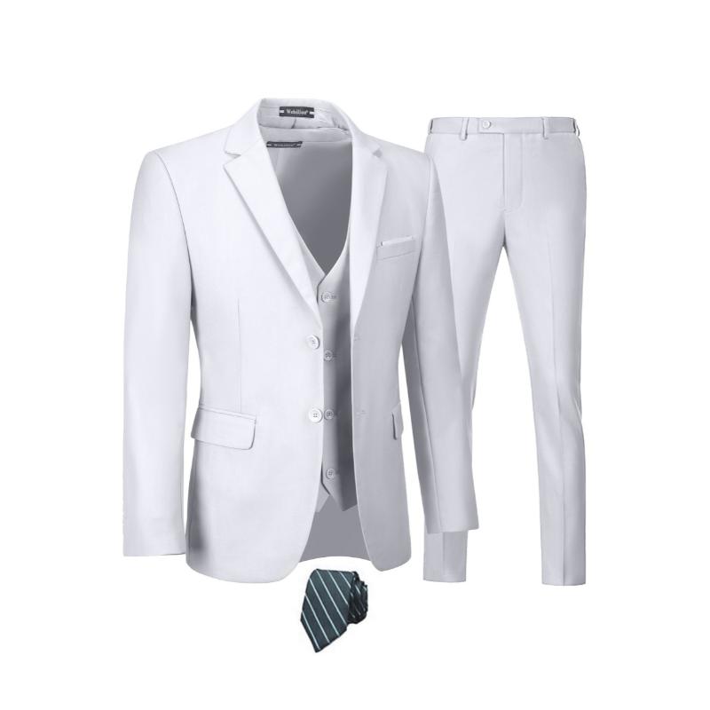 4-Piece Men's Slim Fit Suit Set - Solid Color Blazer Jacket, Vest, Formal Pants, and Matching Tie - Random Color Selection for a Sharp, Put-Together Look