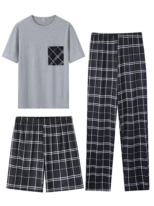 Men's Short Sleeve Plaid Print Loungewear Set, Casual Pocket Round Neck T-shirt & Pants & Shorts Pj Set, Sleepwear & Loungewear Set for All Seasons