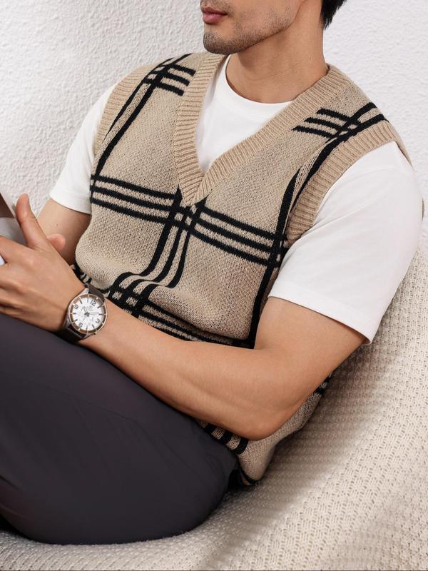 Men's Plaid Print V Neck Sweater Vest, Regular Fit Casual Sleeveless Knitwear for Spring & Fall, Fashion Men's Knit Clothing for Daily Wear