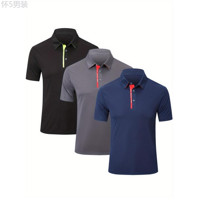 3-Pack Breathable Quick-Dry Performance Polos - Men's Golf Shirts with Color-Block Collar, 3 Buttons, and Moisture-Wicking Fabric for Outdoor Sports and Active Wear Menswear Top Polyester Sleeve Stretch Casual Tropical Knit Shortsleeve Beige Plain