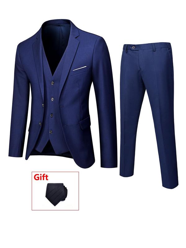 Men's Solid Button Front Blazer & Pocket Pants & Vest & Tie Set, Regular Fit Business Formal Suit Set for Wedding Party, Men's Clothing for All Seasons