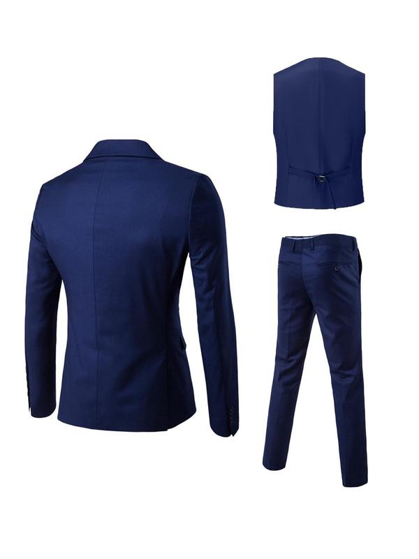 Men's Solid Button Front Blazer & Pocket Pants & Vest & Tie Set, Regular Fit Business Formal Suit Set for Wedding Party, Men's Clothing for All Seasons