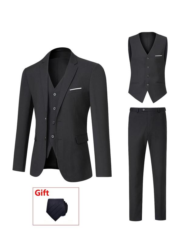 Men's Solid Button Front Blazer & Pocket Pants & Vest & Tie Set, Regular Fit Business Formal Suit Set for Wedding Party, Men's Clothing for All Seasons