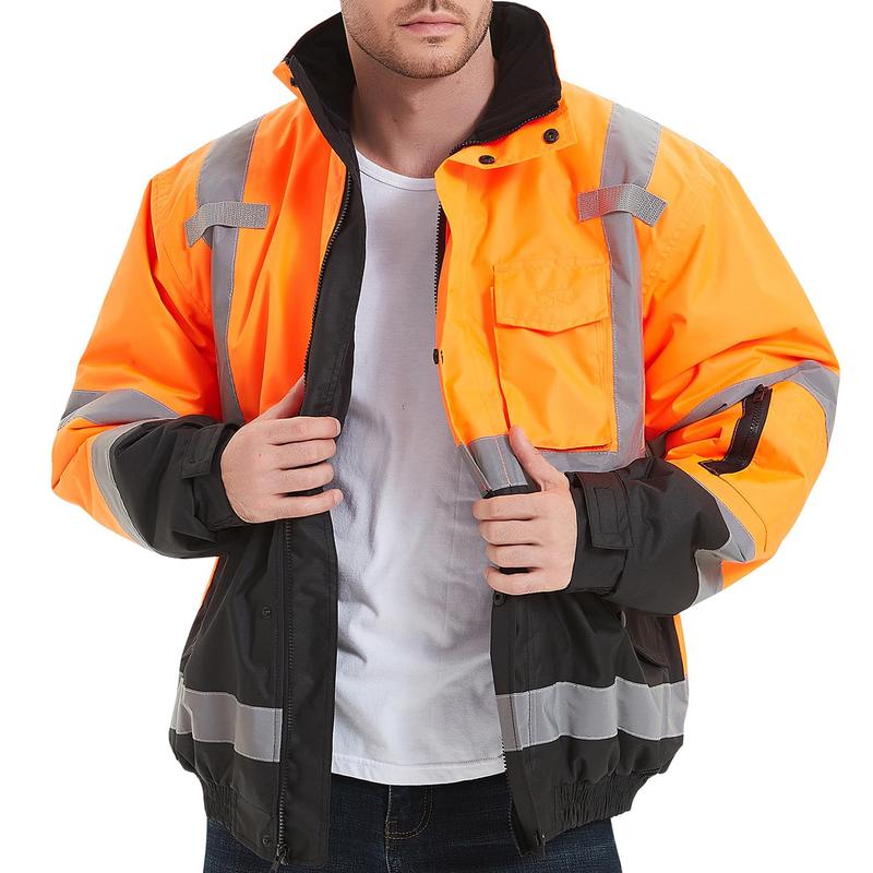 ProtectX High Visibility Waterproof Safety Jacket, Hi Vis Reflective Winter Construction Bomber Jacket for Men With Multi Pockets Menswear Clothing Workwear