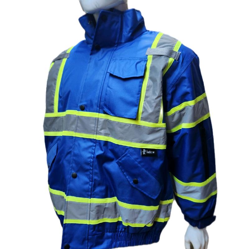 Royal Blue Hi Visibility Reflective Safety Bomber Rain Jacket   Blue Safety Jacket with Sherpa Insulation to keep warm in cold weather  (see sizing information on description)