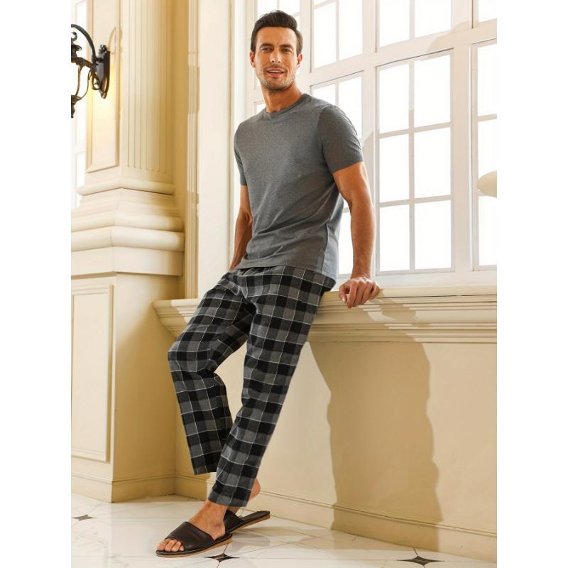 2 Pcs Men's Simple Solid Round Neck Long Sleeve & Plaid Trousers Pajama Set, Comfortable & Skin-friendly Style Pajamas For Men's Cozy Loungewear