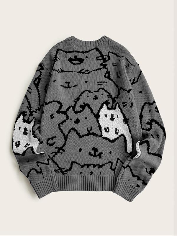 Men's Cartoon Cat Print Drop Shoulder Sweater, Fashion Casual Soft Comfy Regular Fit Long Sleeve Round Neck Jumper For Summer, Men's Knitwear For Daily Wear