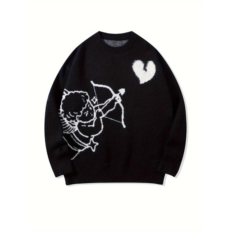 Men's Loose Angel Pattern Knitted Pullover, Long Sleeve Crew Neck Sweater, Suitable for Autumn and Winter Knitwear Menswear