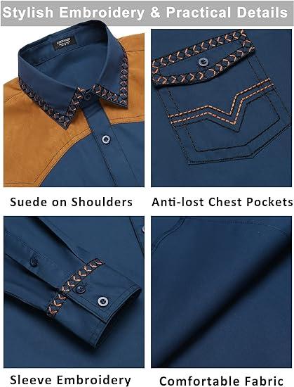 COOFANDY Men's Western Cowboy Shirt Embroidered Long Sleeve Slim Fit Casual Cotton Button Down Hippie Shirts with Pockets Classic Fashion Menswear Buckle Costume Denim Dress Embroidery Patchwork Retro