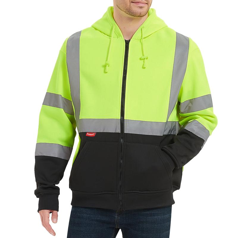 ProtectX Hi Vis Safety Hoodie for Men, Class 3 Reflective High Visibility Sweatshirt with Large Pocket, Long Sleeve Hooded Drawstring Pullover for Work & Construction