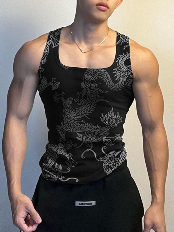 Men's Dragon Print Tank Top, Regular Fit Street Square Neck Sleeveless Top for Summer, Fashion Men's Top for Daily Wear Tank Vest