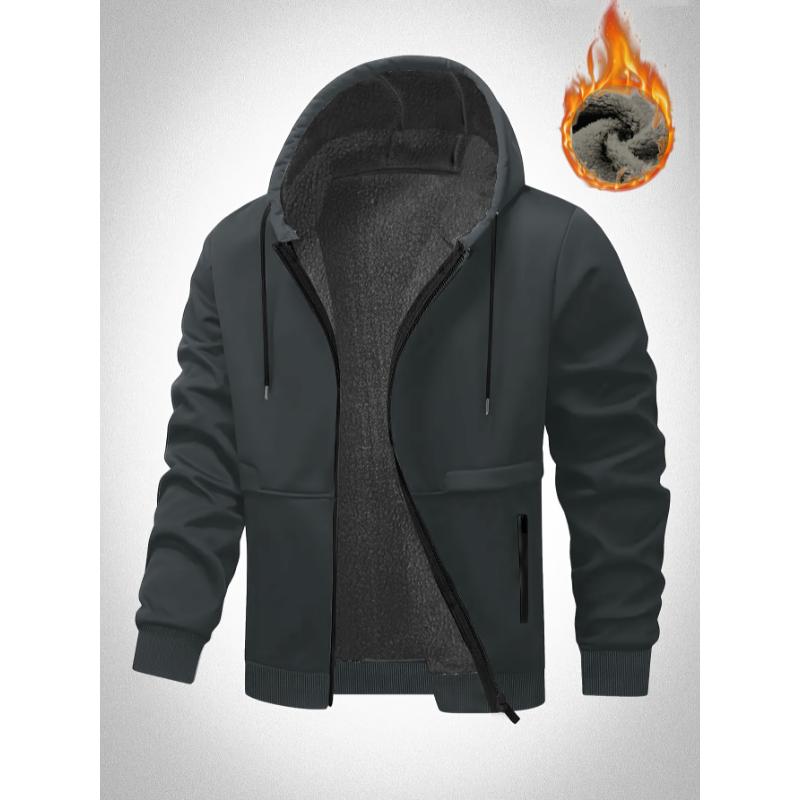 Men's Plus Size Casual Fleece-Lined Hooded Jacket - Zip-Up, Warm & Cozy for Fall Winter, PLUS SIZE