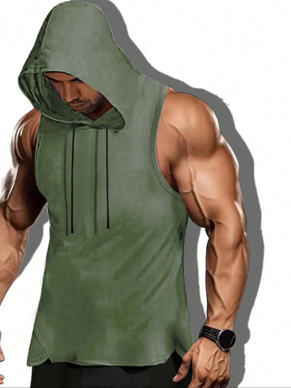 Men's Solid Drawstring Hooded Tank Top, Casual Streetwear Regular Fit Sleeveless Top for Summer, Fashion Men's Clothes for Daily Wear, Tank Tops for Men, Summer Outfits Gym Clothing