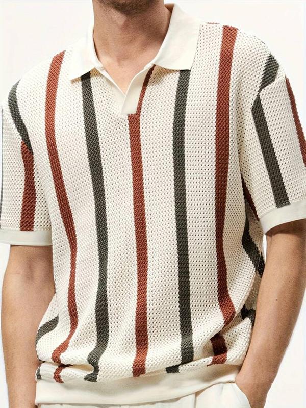 Men's Striped Print Polo Neck Knit Top, Regular Fit Casual Short Sleeve Top for All Seasons, Fashion Men's Knitwear for Daily Wear