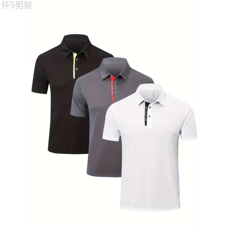 3-Pack Breathable Quick-Dry Performance Polos - Men's Golf Shirts with Color-Block Collar, 3 Buttons, and Moisture-Wicking Fabric for Outdoor Sports and Active Wear Menswear Top Polyester Sleeve Stretch Casual Tropical Knit Shortsleeve Beige Plain