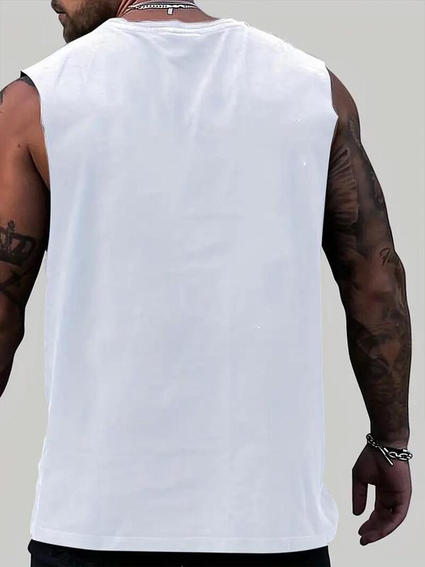 Men's Weightlifting Graphic Round Neck Tank Top, Casual Loose Sleeveless Top for Daily Outdoor Wear, Men's Top for All Seasons