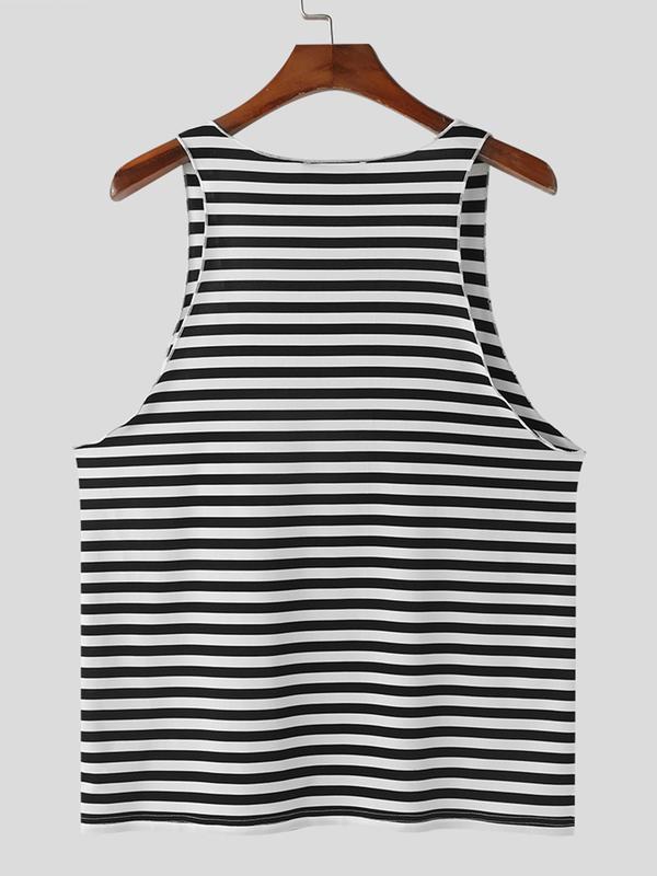 Men's Striped Print  Deep U Neck Tank Top, Casual Loose Sleeveless Top for Summer, Fashion Men's Clothes for Daily Wear