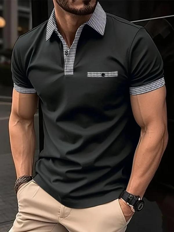 Men's Houndstooth Print Contrast Binding Polo Shirt, Regular Fit Casual Short Sleeve Button Front Top for Summer, Men's Clothes for Daily Streetwear