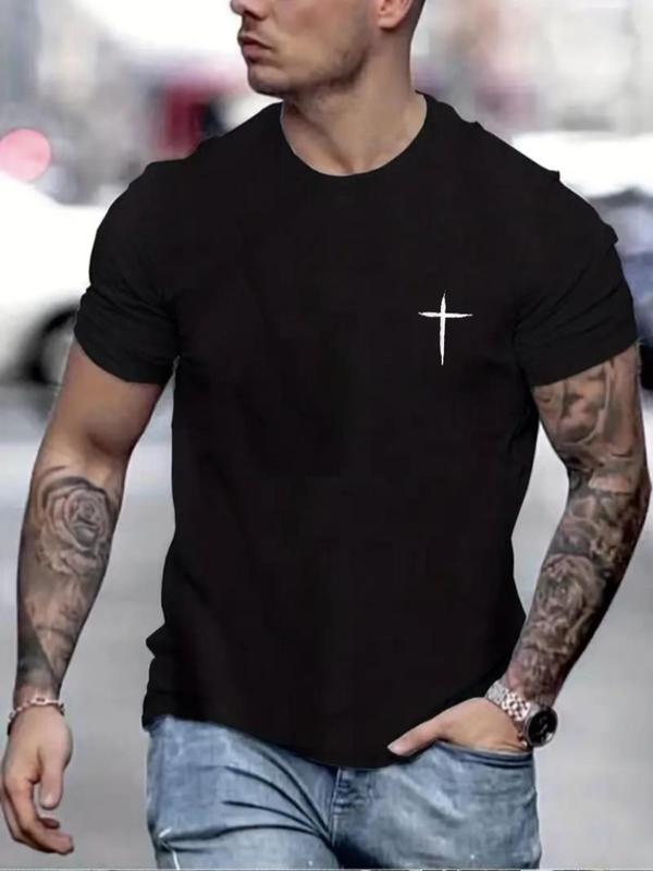 Men's Regular Fit Cross Print Round Neck Tee, Casual Short Sleeve Crew Neck T-Shirt for Summer, Fashion Men's Top for Daily Wear