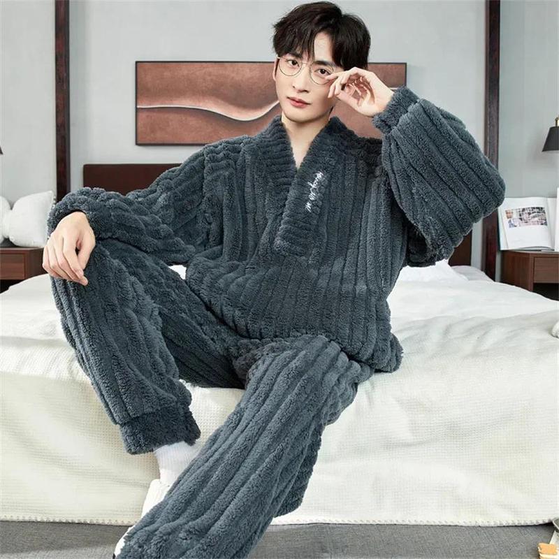 2024 New Winter Warm Coral Fleece Men Pajamas Set Fluffy Tops + Long Pants Sleepwear for Sleeping 2 Piece Homewear Loungewear