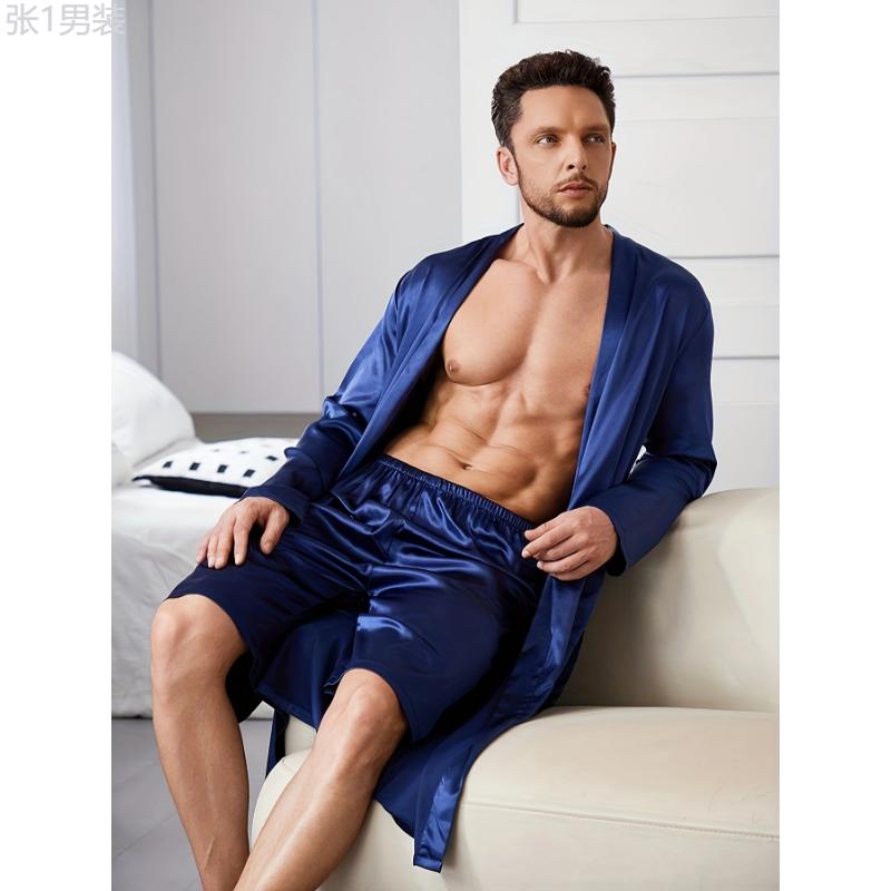 Men's Casual Robe Set, Comfortable Lounge Wear With Waist Tie, Ideal For Home & Bedroom Use Loungewear Menswear