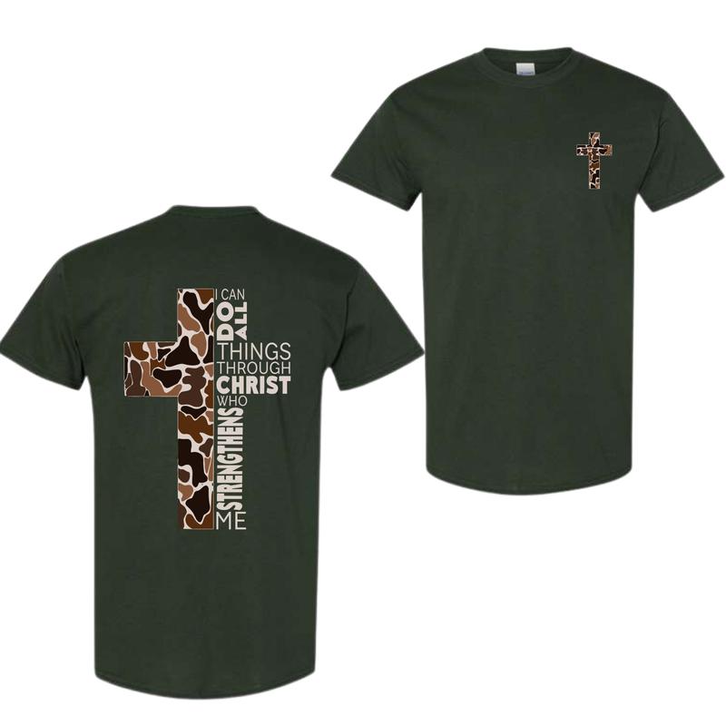 Christian T-Shirt, Camo Cross Design With Philippians 4:13 Verse, Perfect For Faithful Believers And Outdoorsmen